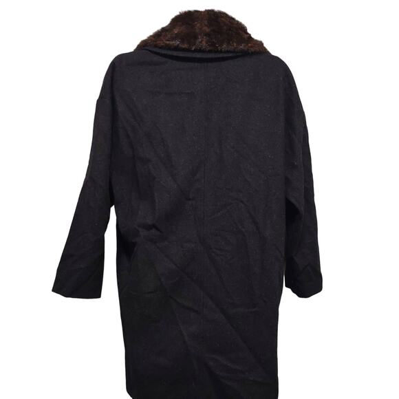 Hazel Long Black Large Button Down Wool Coat Removable Faux Fur Jacket - Picture 3 of 8